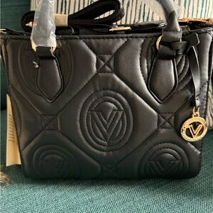Gorgeous Brand New Valentino Orlandi Black Quilted Tote Bag with Gold Accents
